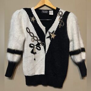 SWEATER WORLD Vintage Angora Lambswool Blend Embellished V-Neck Sweater